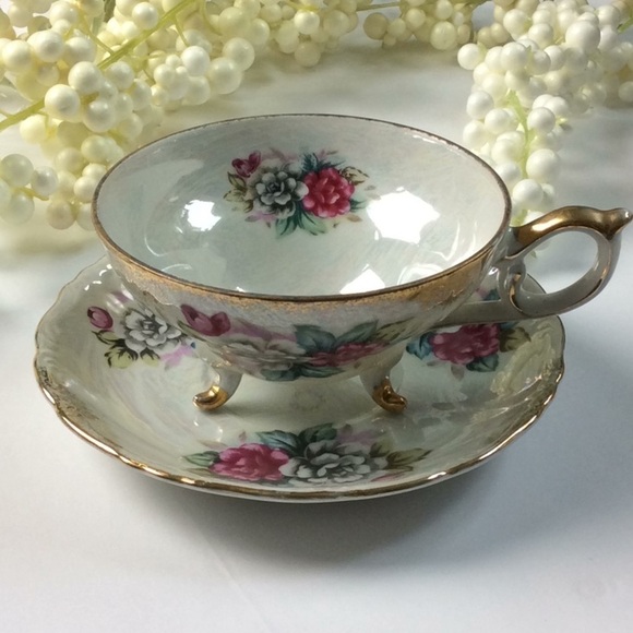 Tea Cup & Saucer Pearl Iridescent Tri-Footed Japan - Picture 4 of 15